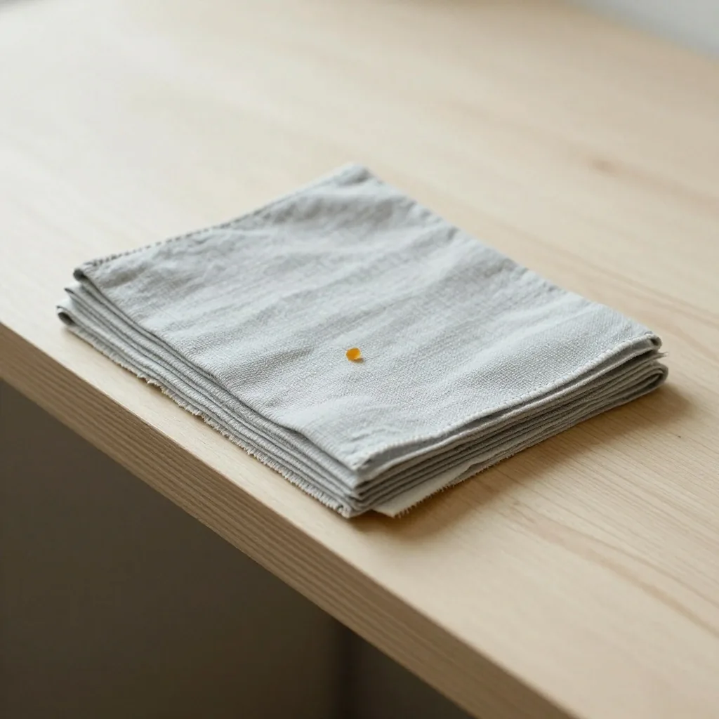Stacked folded cotton swatches in neutral tones on a plywood edge