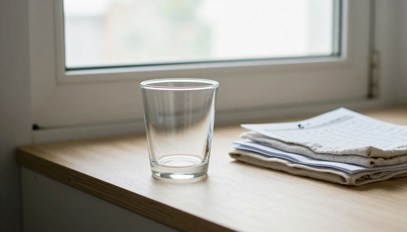 A Jakarta kitchen counter in daylight with a drinking glass, a folded paper timetable and a folded linen cloth.