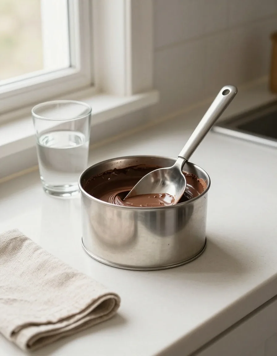 A scoop of drink mix resting in an open tin beside a half-full water glass