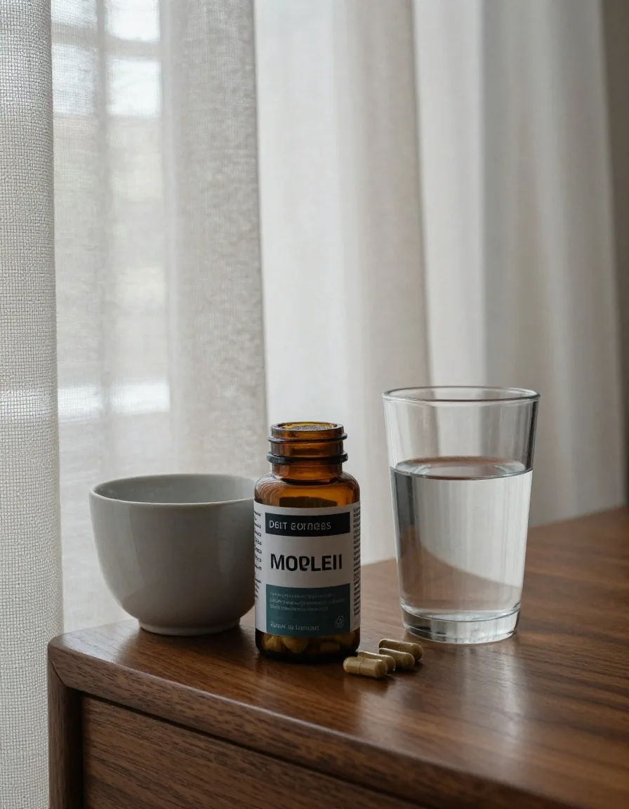 Plain amber glass jars of capsules arranged on undyed linen