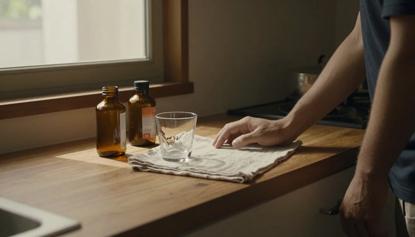 Jakarta kitchen counter in afternoon window light with a plain bottle, drinking glass and folded paper sheet on linen
