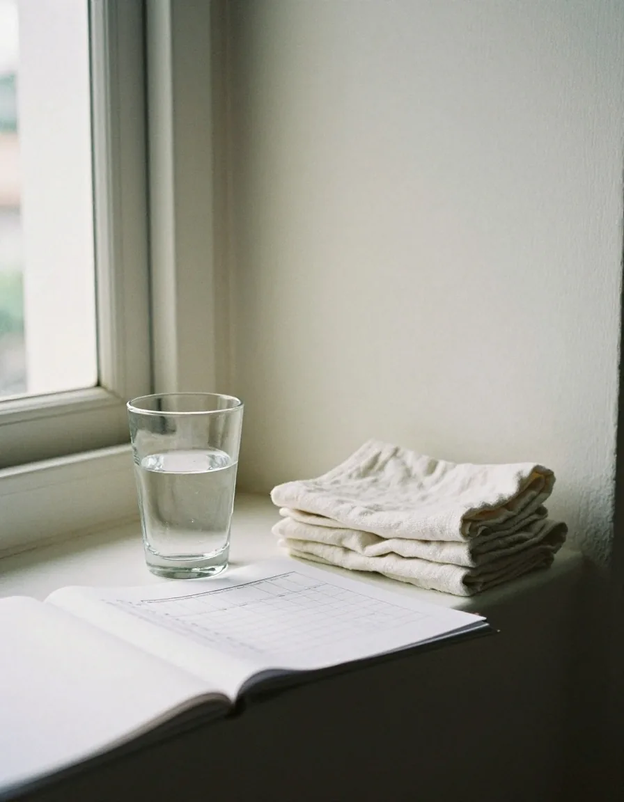 A drinking glass and a folded cotton cloth on undyed linen beside a paper timetable